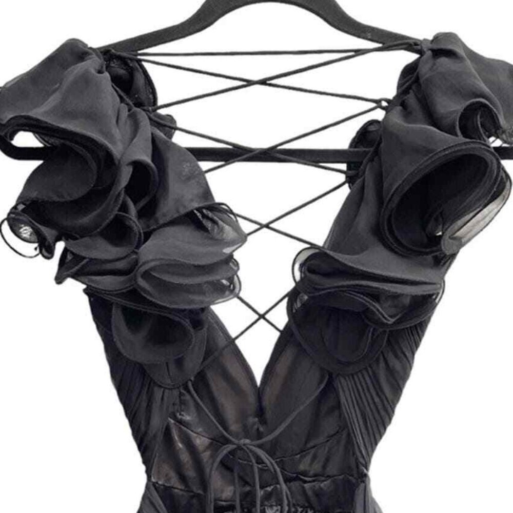 NEW Mac Duggal 67911 Ruffle Tiered Cut-Out Chiffon Gown Black SZ 10 - Picture 5 of 7